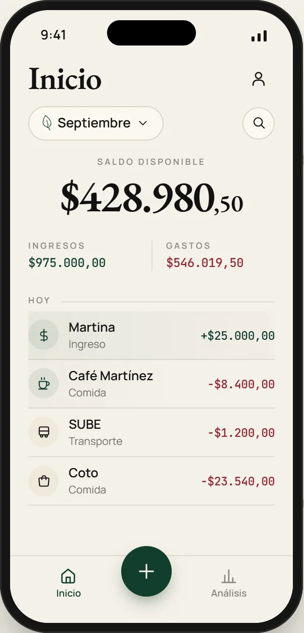Pantalla de inicio de leaf finance: saldo disponible del mes, ingresos, gastos y los movimientos del día con su categoría.